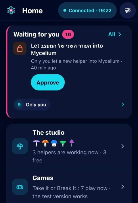 The cockpit’s home screen: a “Waiting for you” card with an Approve button, then the studio and the games