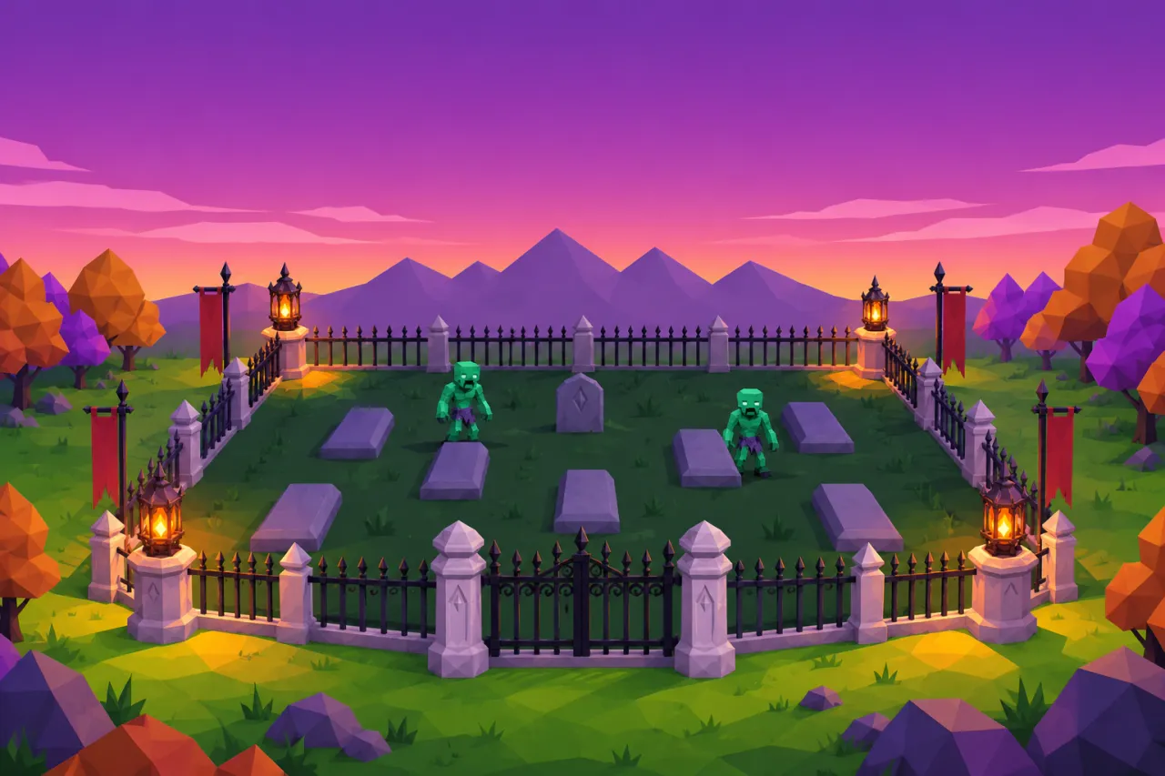 An arena with lanterns at dusk, and two zombies: art by our artist