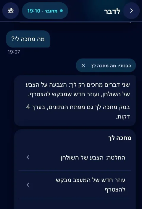 מסך השיחה בקוקפיט: שאלה "מה מחכה לי?", התשובה במילים, ורשימה של מה שמחכה